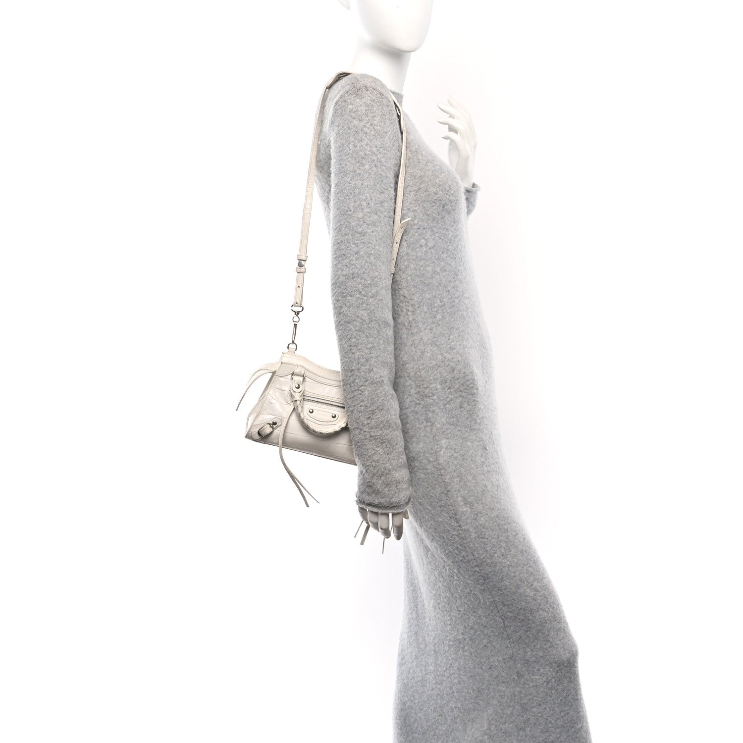 Semi Shiny Calfskin Crocodile Embossed Neo Classic Silver Hardware Mini City White