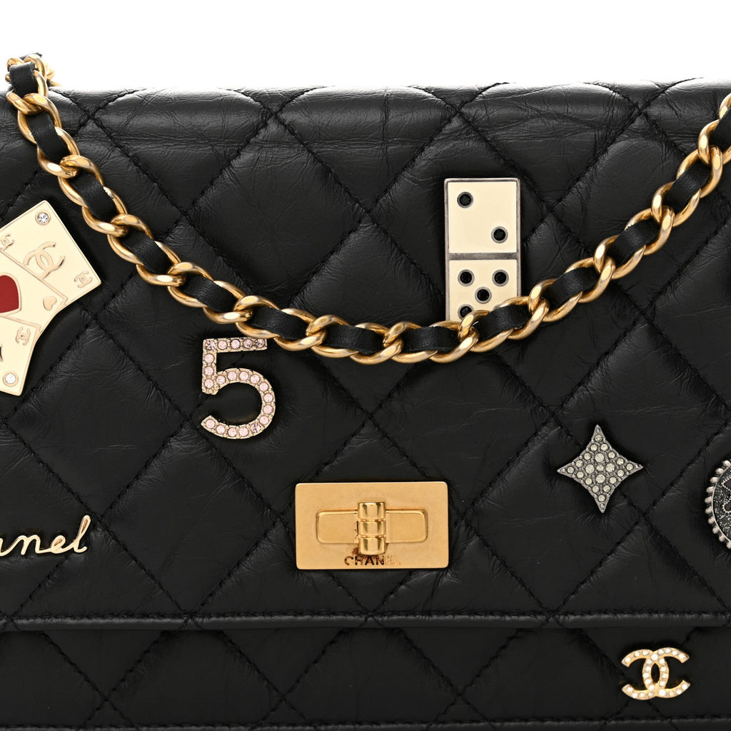 Aged Calfskin Lucky Charms Casino 2.55 Reissue Wallet on Chain WOC Black