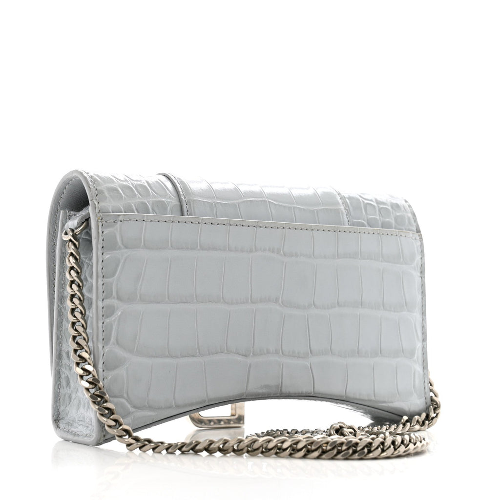 Shiny Metallic Calfskin Crocodile Embossed Hourglass Chain Bag Ash Blue