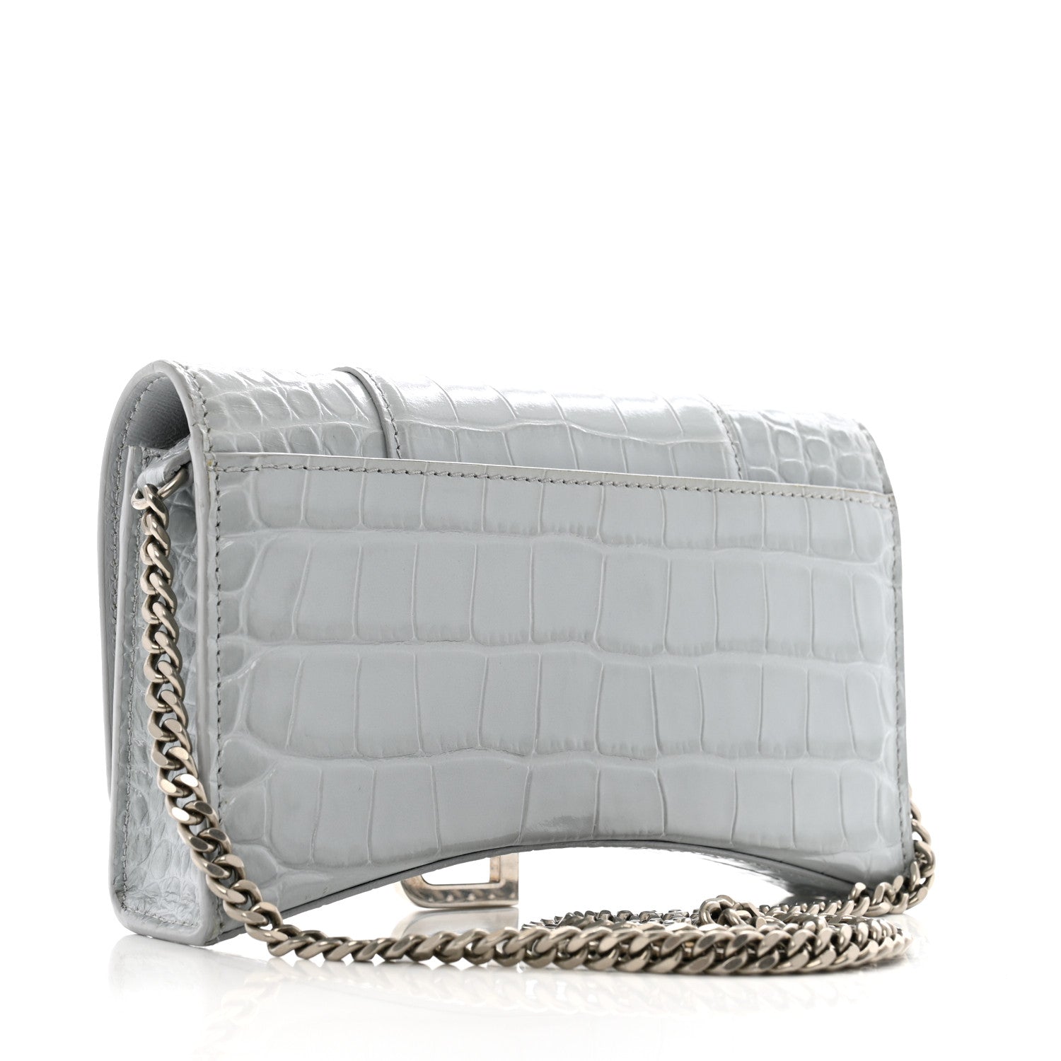 Shiny Metallic Calfskin Crocodile Embossed Hourglass Chain Bag Ash Blue
