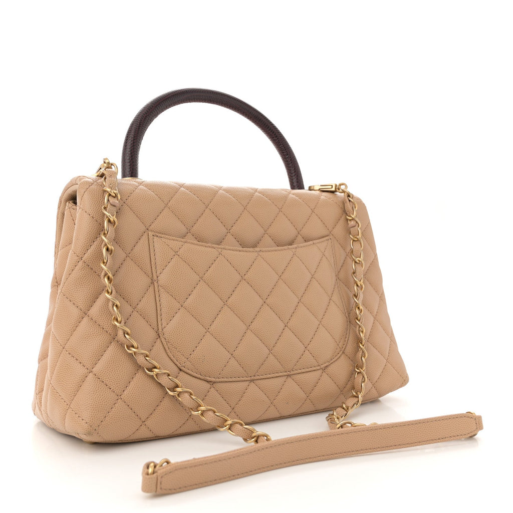 Caviar Lizard Embossed Quilted Small Coco Handle Flap Beige