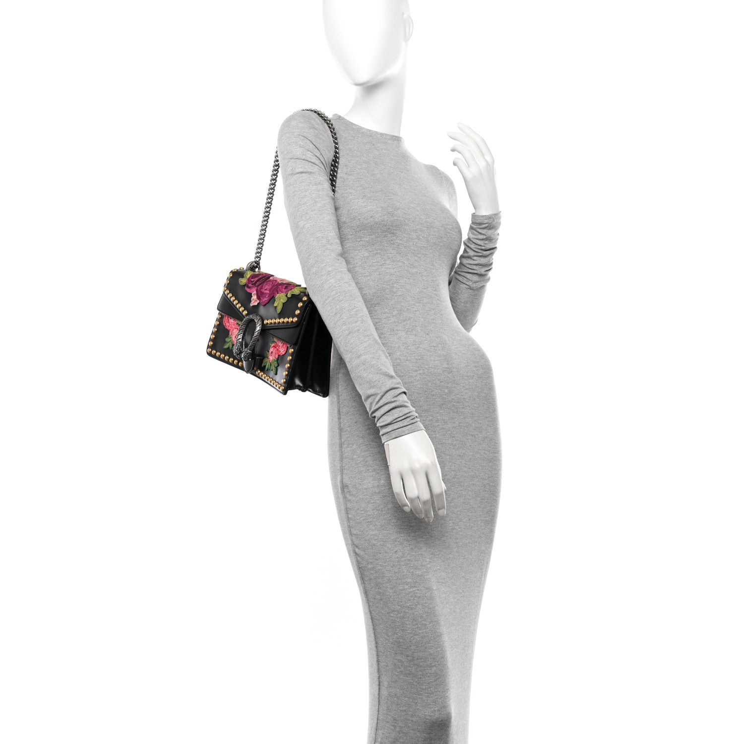 Calfskin Floral Embroidered Studded Small Dionysus Shoulder Bag Black