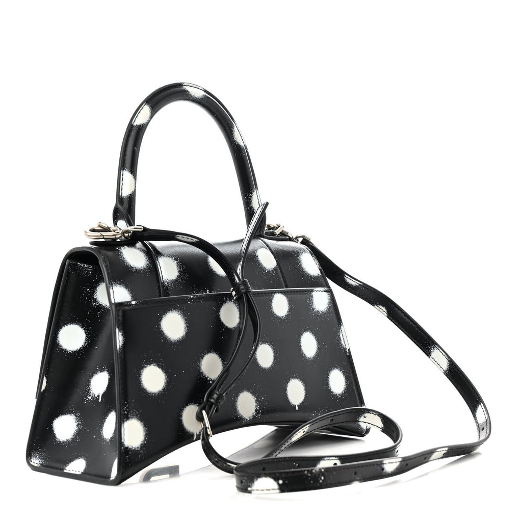 Smooth Calfskin Spray Polka Dot Small Hourglass Top Handle Bag Black White