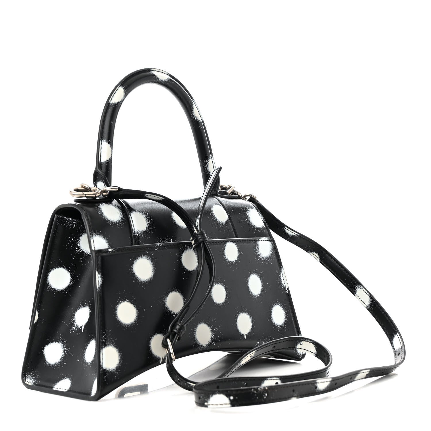 Smooth Calfskin Spray Polka Dot Small Hourglass Top Handle Bag Black White