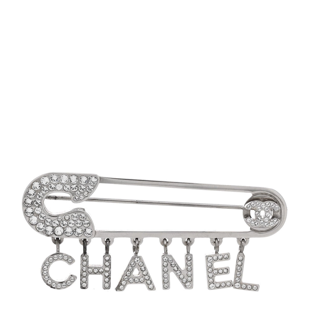 Crystal Safety Pin Brooch Silver
