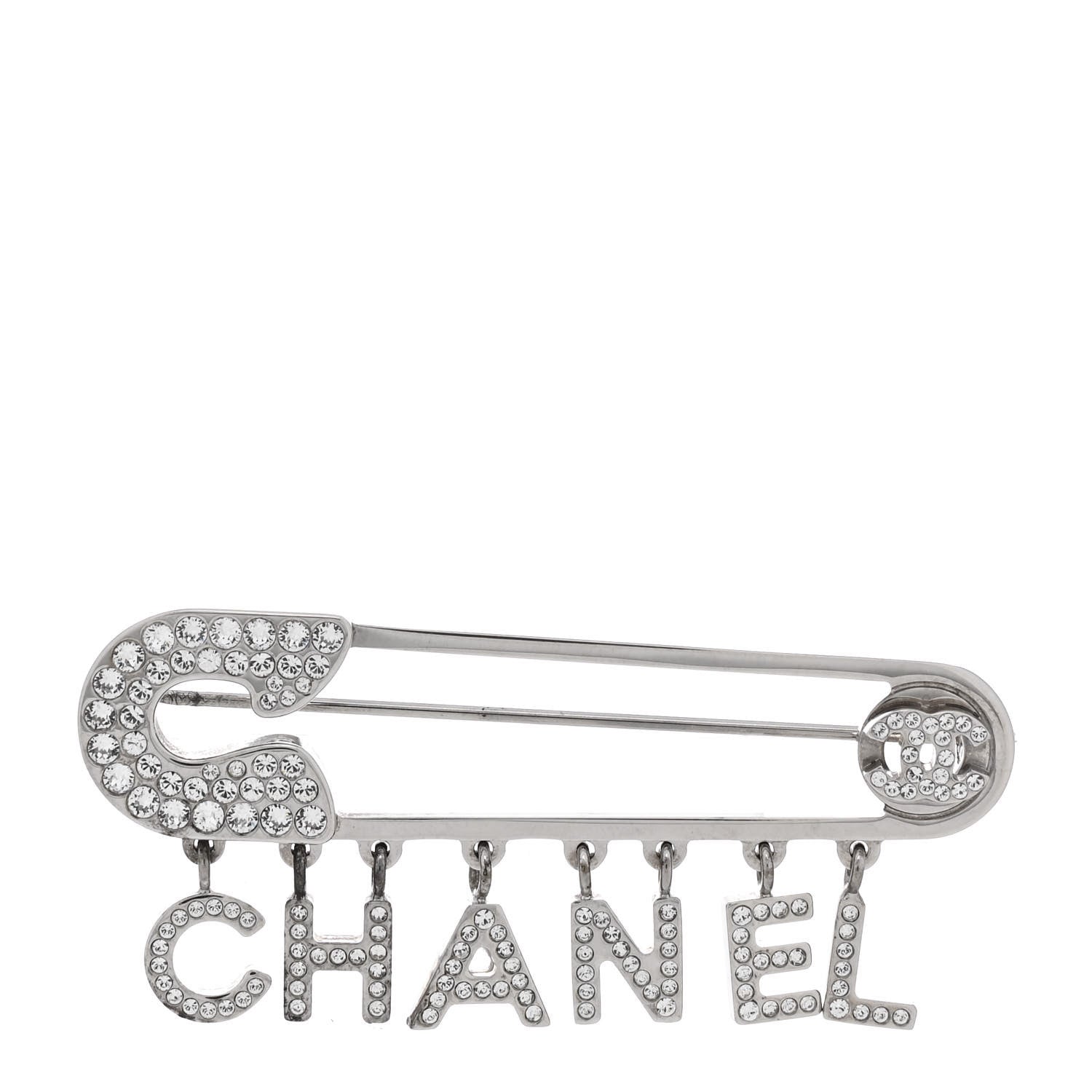 Crystal Safety Pin Brooch Silver