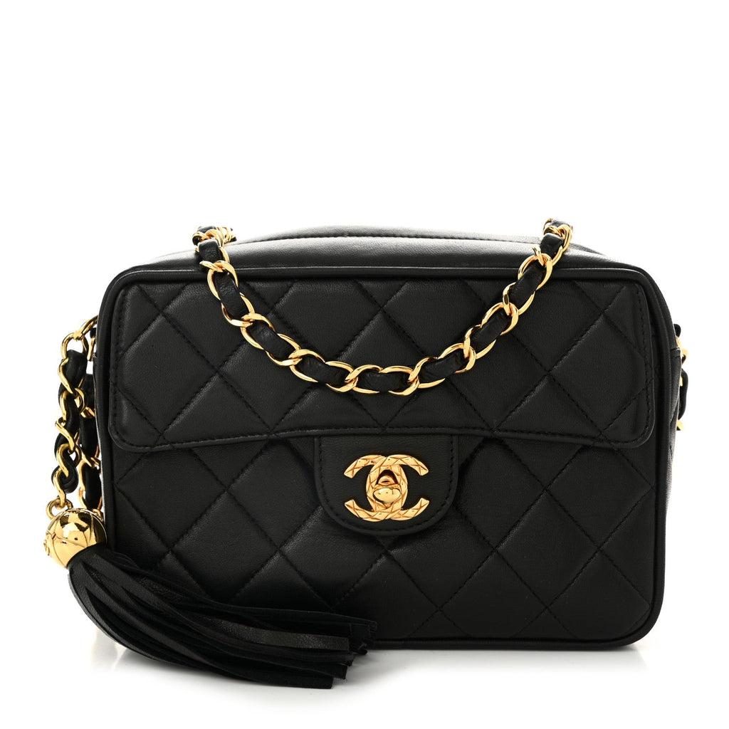 Lambskin Quilted Flap Camera Tassel Case Black