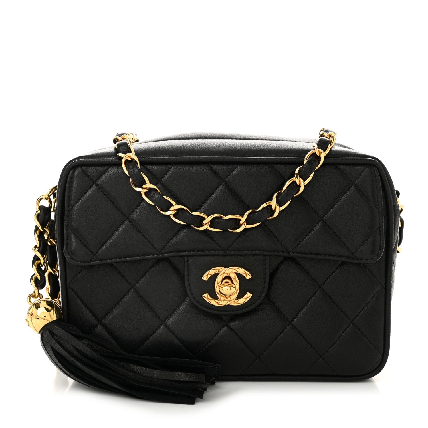 Lambskin Quilted Flap Camera Tassel Case Black
