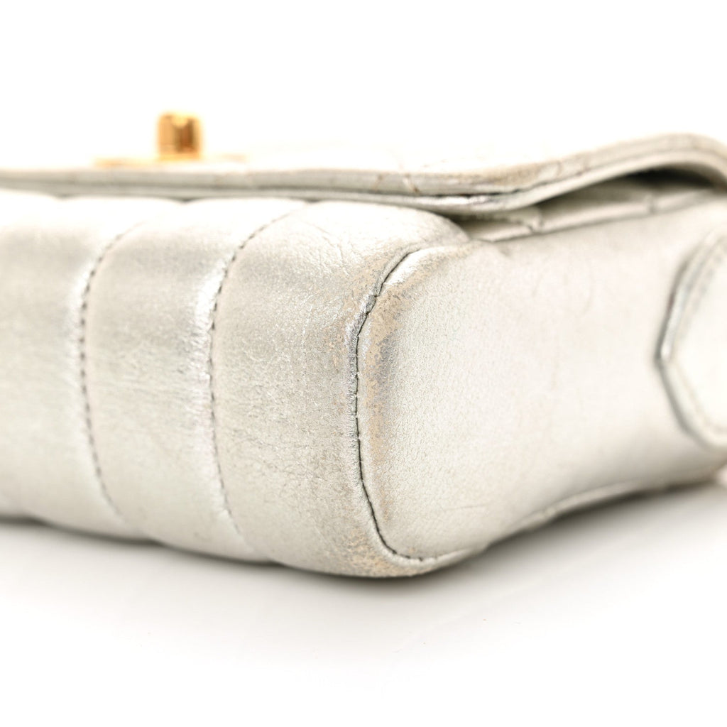 Metallic Goatskin Quilted Square Flap Shoulder Bag Silver