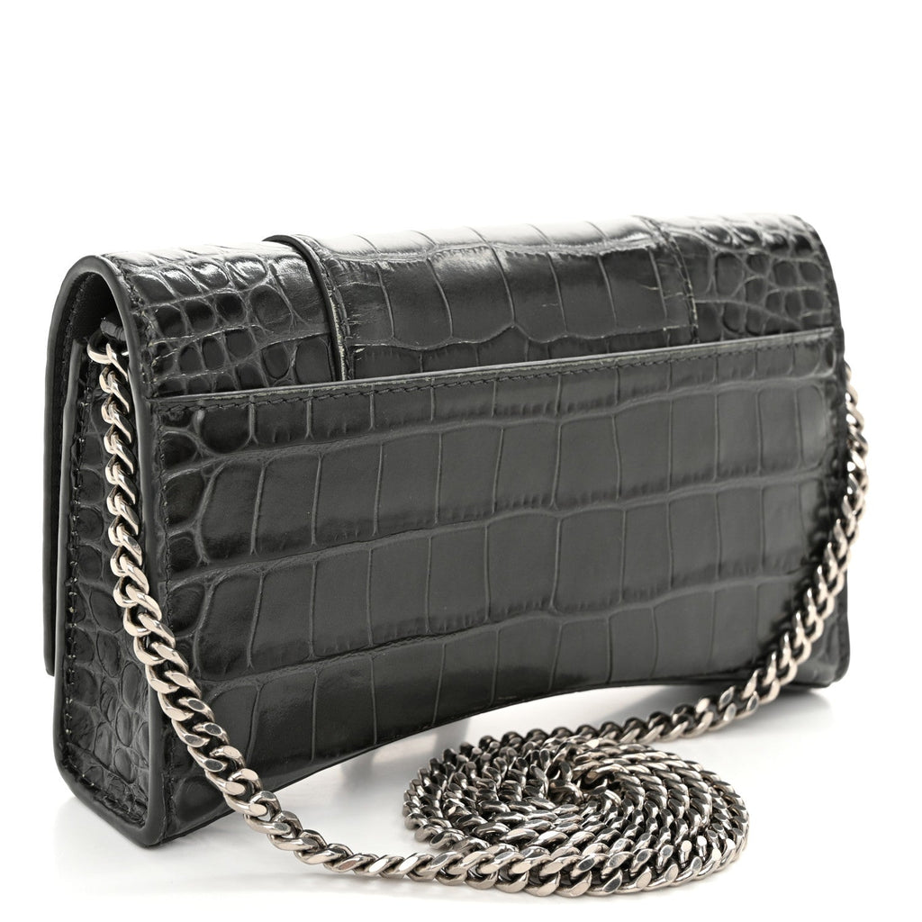 Shiny Calfskin Crocodile Embossed Hourglass Chain Bag Gris