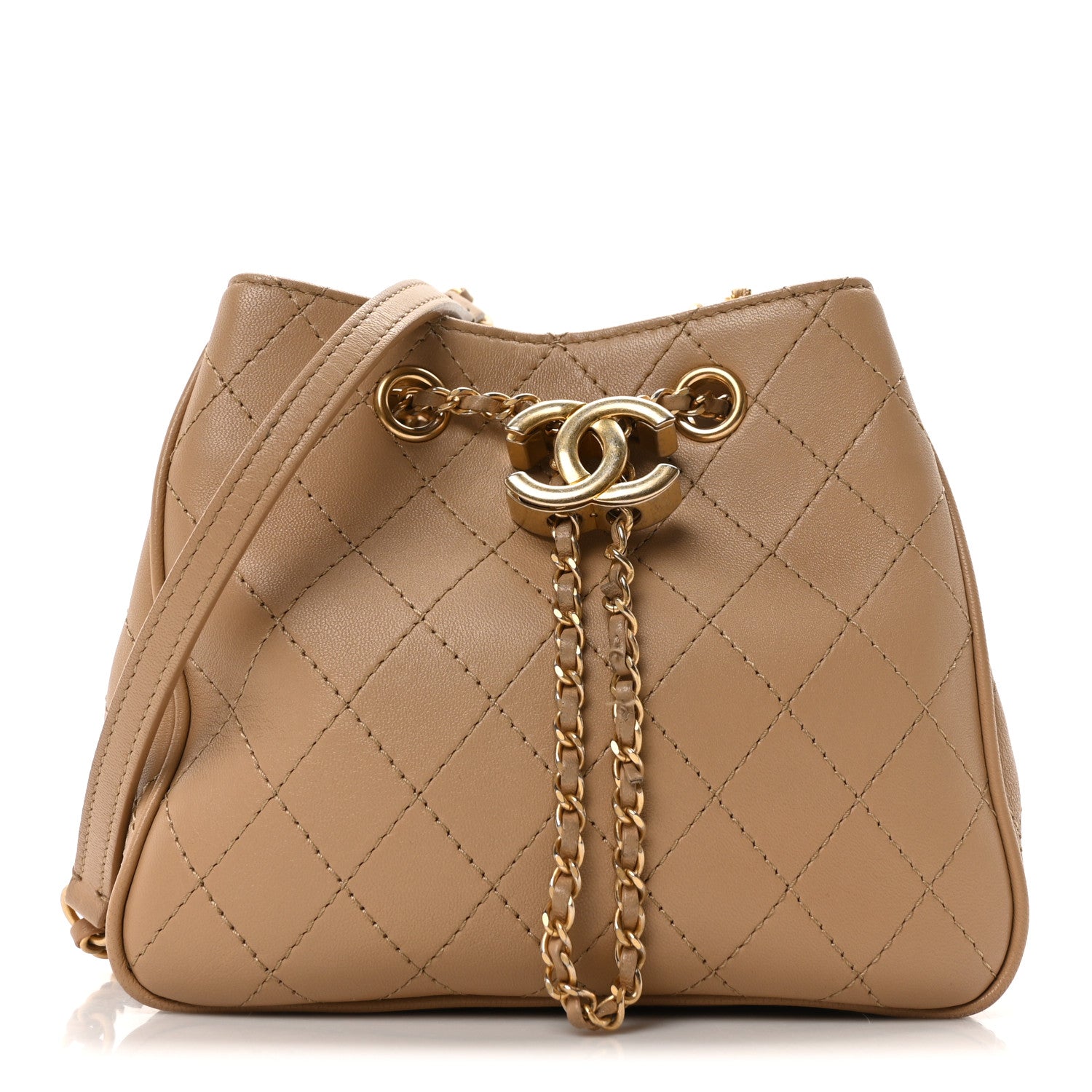 Calfskin Stitched Small Egyptian Amulet Drawstring Bag Beige