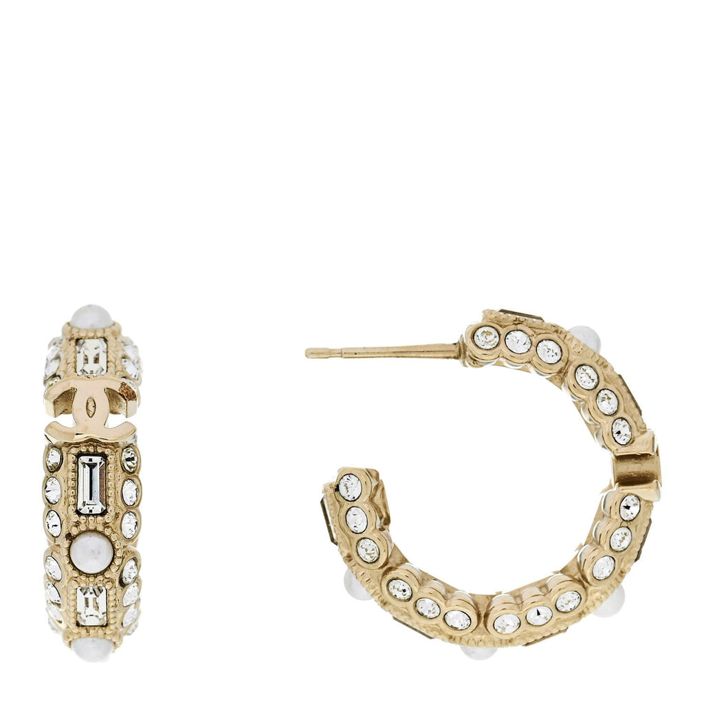 Metal Crystal Pearl CC Hoop Earrings Gold
