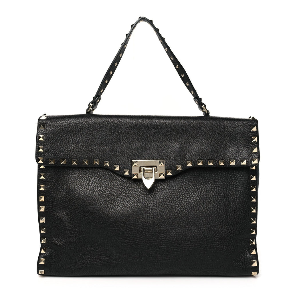 Pebbled Calfskin Rockstud Flip Lock Top Handle Bag Black