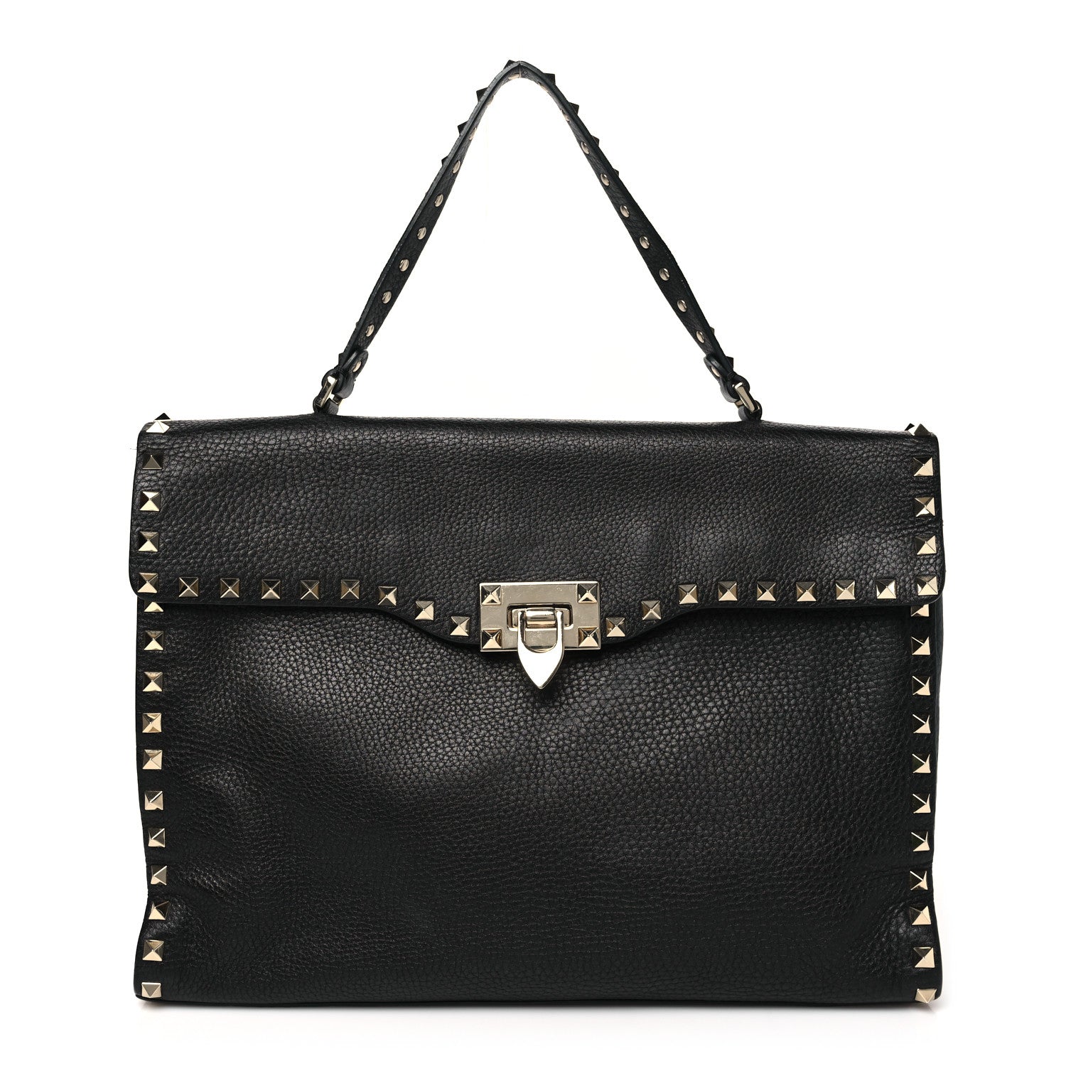Pebbled Calfskin Rockstud Flip Lock Top Handle Bag Black