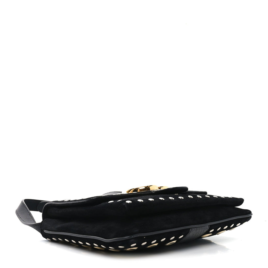 Suede Snakeskin Studded Medium Arli Flap Shoulder Bag Black