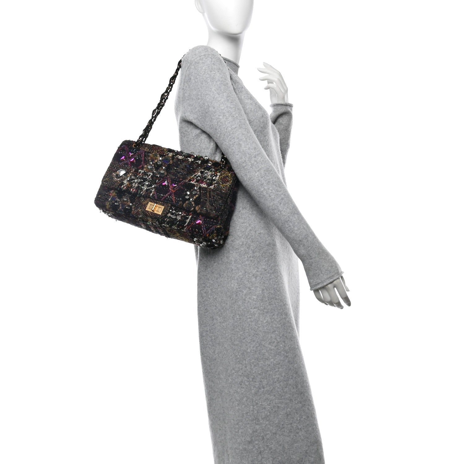 Tweed Crystal Embellished Paris Byzance Reissue 2.55 Classic 227 Flap Black Multicolor