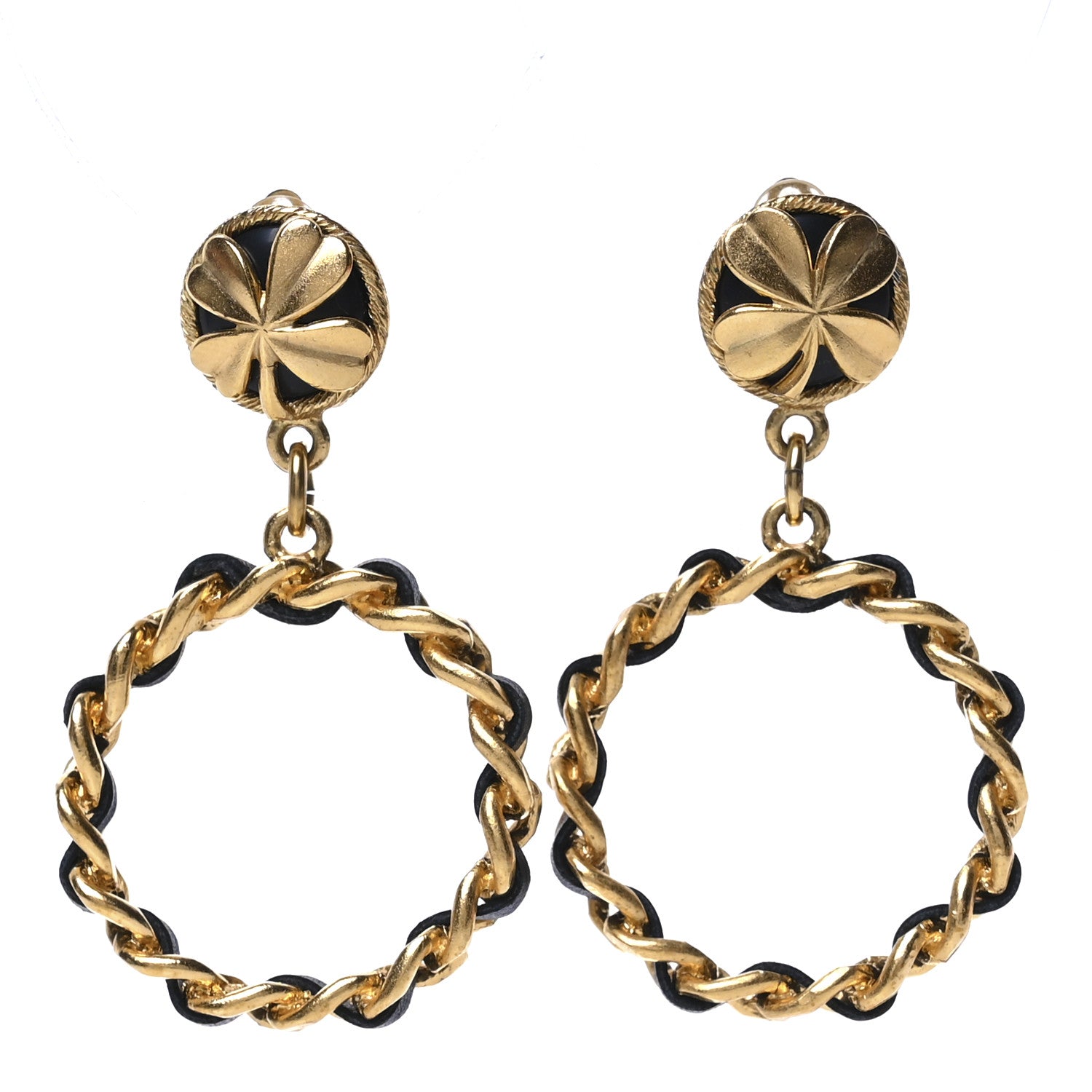 Metal Lambskin Clover Clip On Hoop Earrings Gold Black
