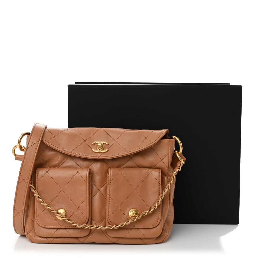 Shiny Calfskin Quilted Supple Twins Small Hobo Bag Brown
