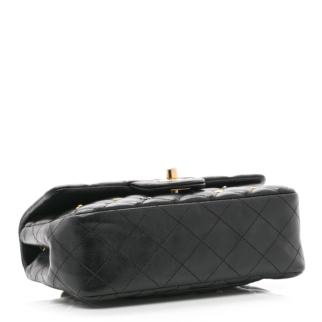 Lambskin Quilted Studded Mini Rectangular Flap Black