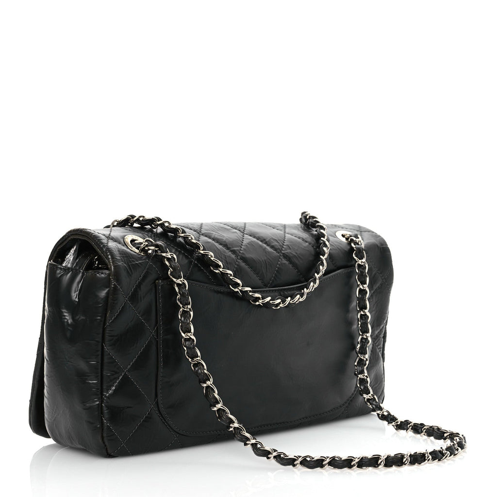 Glazed Calfskin Quilted CC Single Flap Black