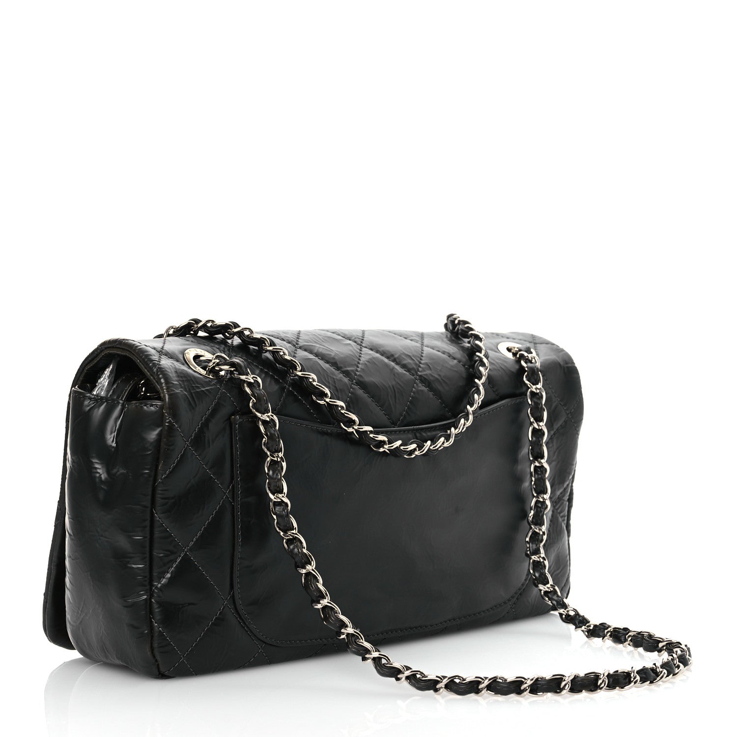 Glazed Calfskin Quilted CC Single Flap Black