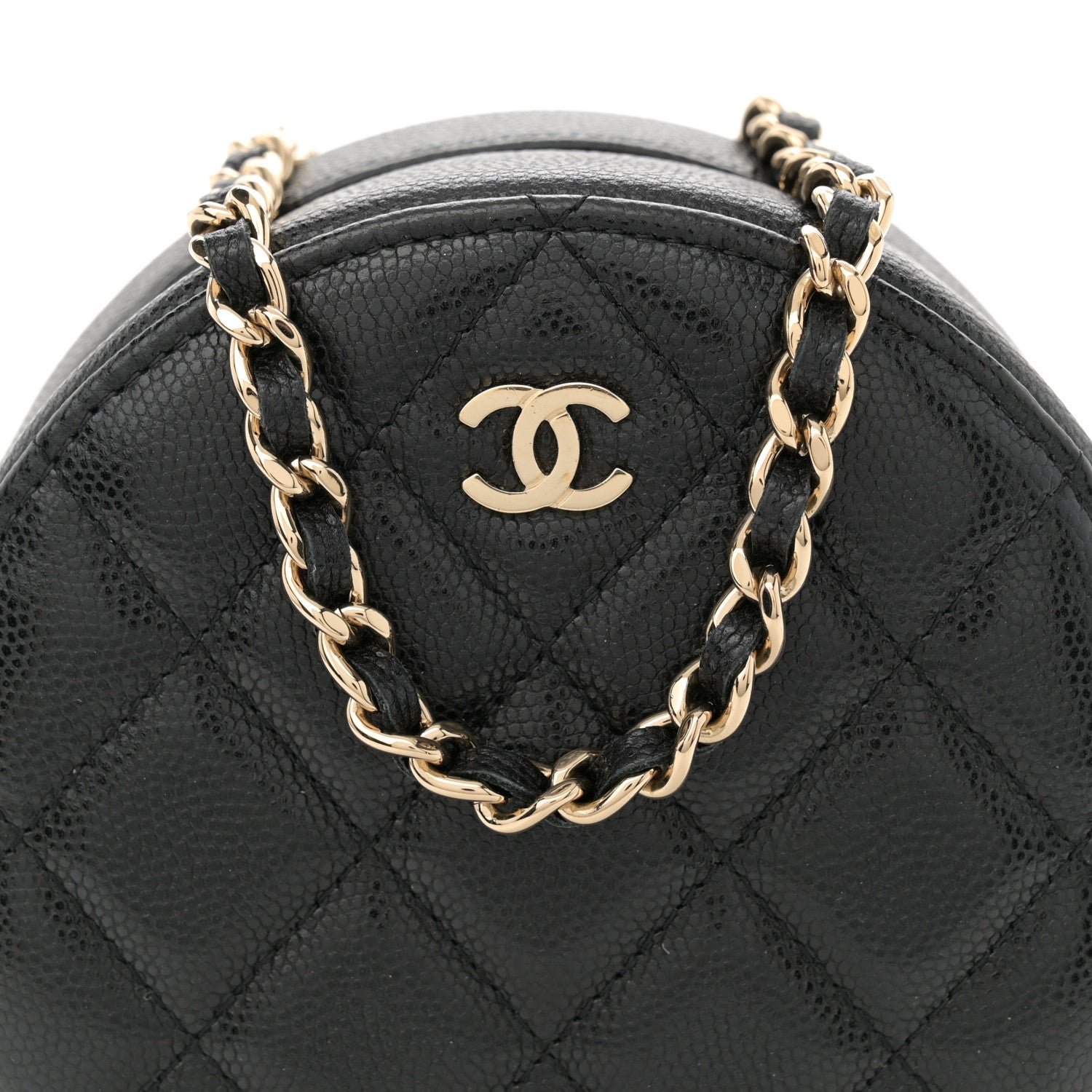 Caviar Quilted Round Clutch With Chain Black