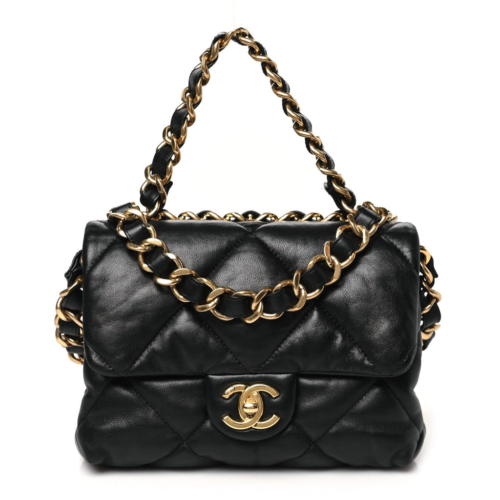Lambskin Quilted Small Chain Top Handle Flap Black