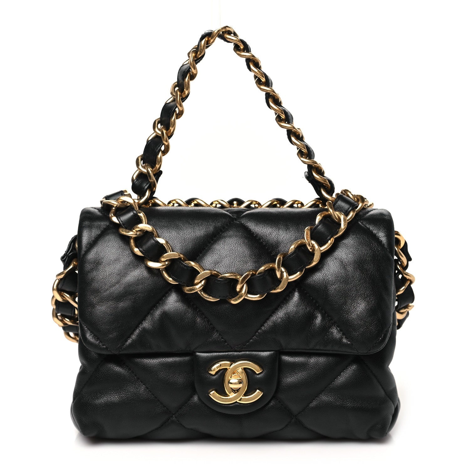 Lambskin Quilted Small Chain Top Handle Flap Black