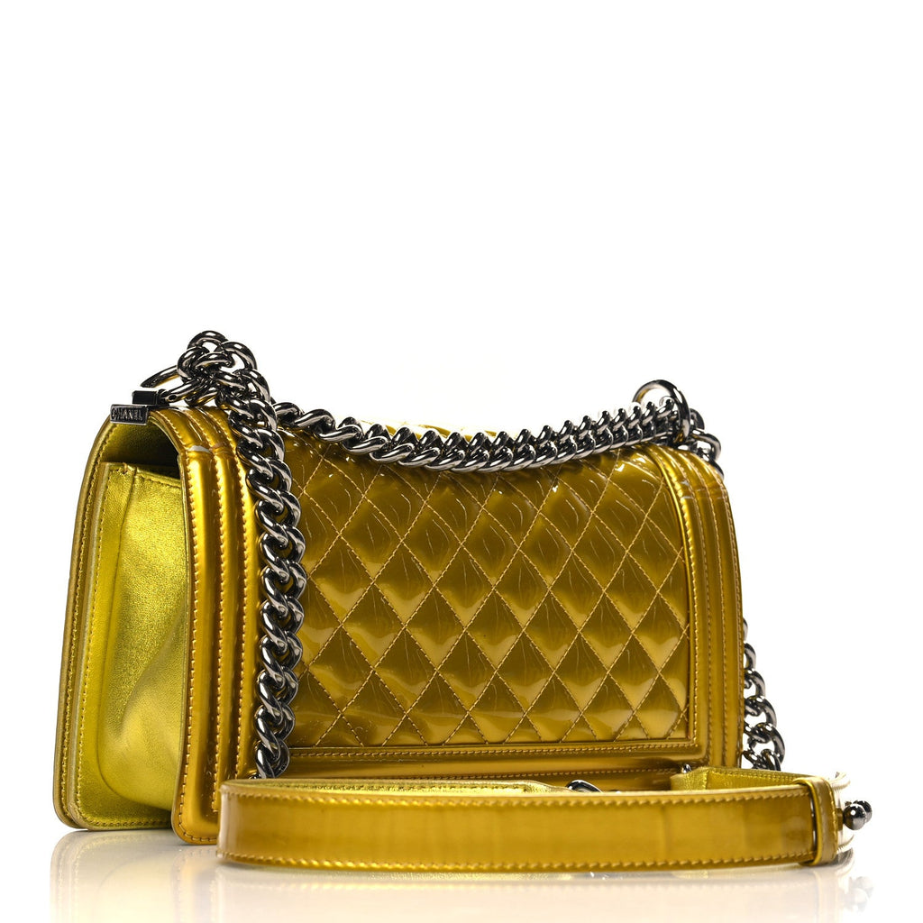 Metallic Patent Calfskin Quilted Medium Boy Flap Gold
