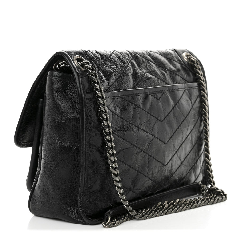 Crinkled Calfskin Matelasse Monogram Medium Niki Chain Satchel Black