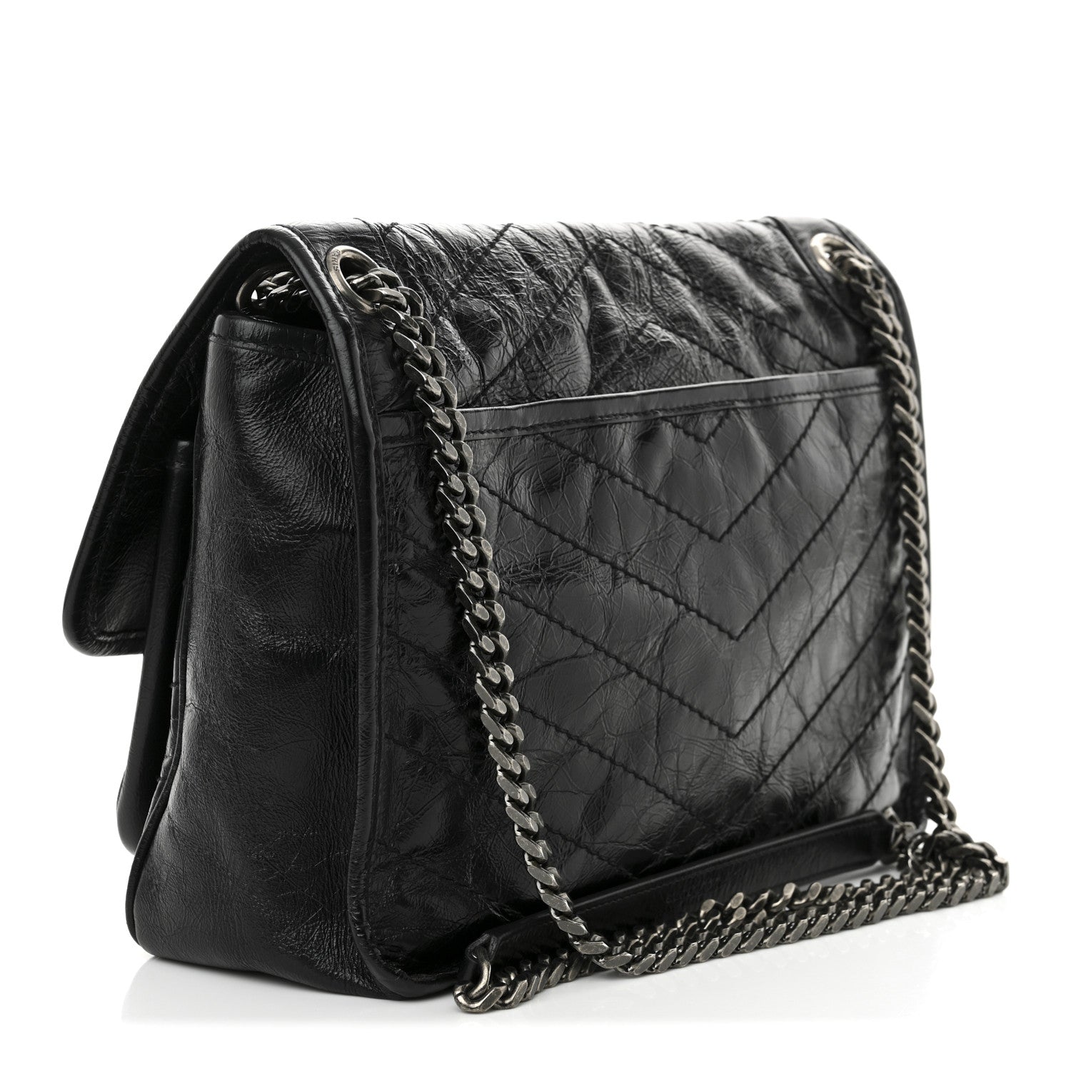 Crinkled Calfskin Matelasse Monogram Medium Niki Chain Satchel Black