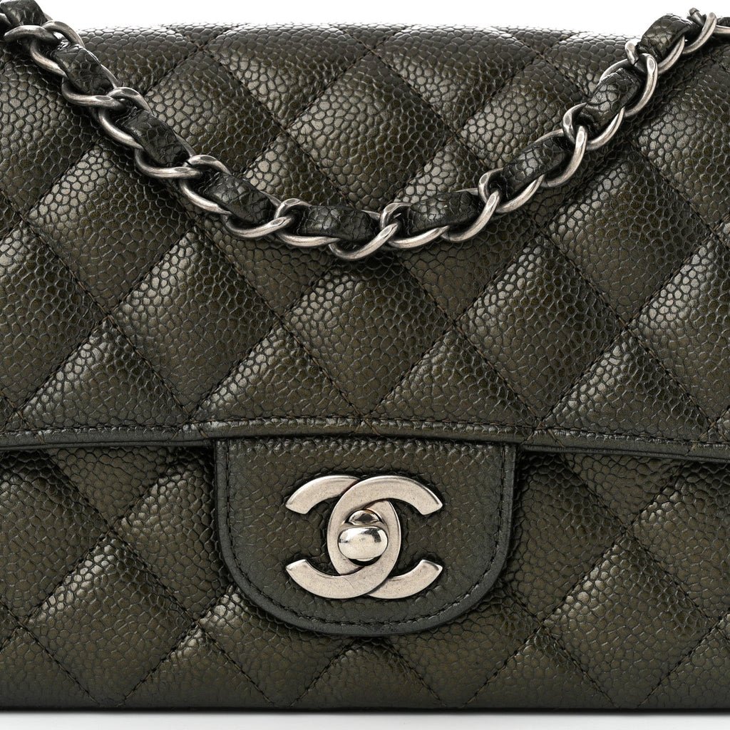 Metallic Caviar Quilted Mini Rectangular Flap Dark Grey