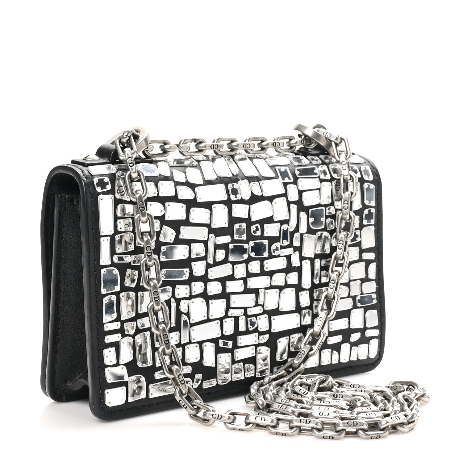 Smooth Calfskin Embroidered Mosaic of Mirrors Mini J'Adior Chain Flap Bag Black