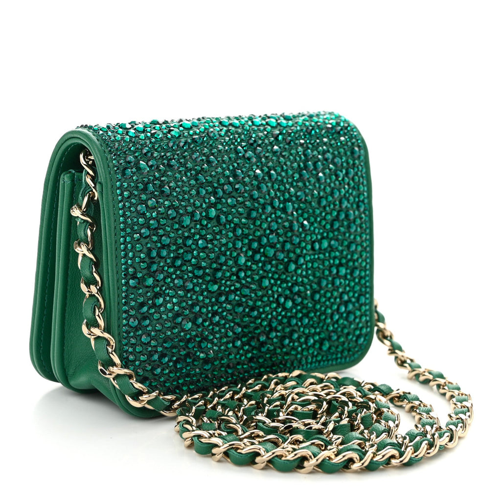 Lambskin Crystal Diamante Clutch With Chain Green