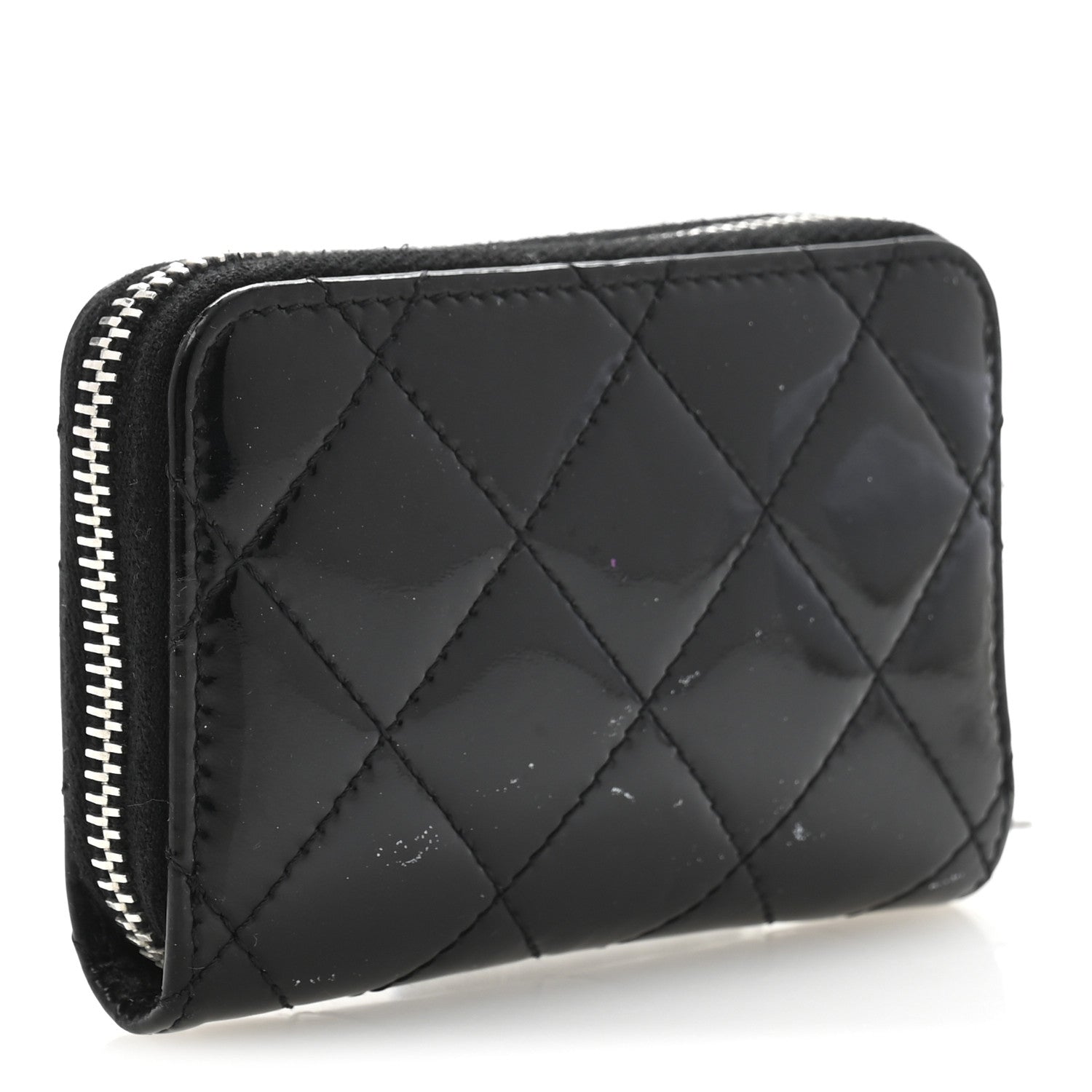 Patent Calfskin Quilted Brilliant Zip Coin Purse Wallet Black