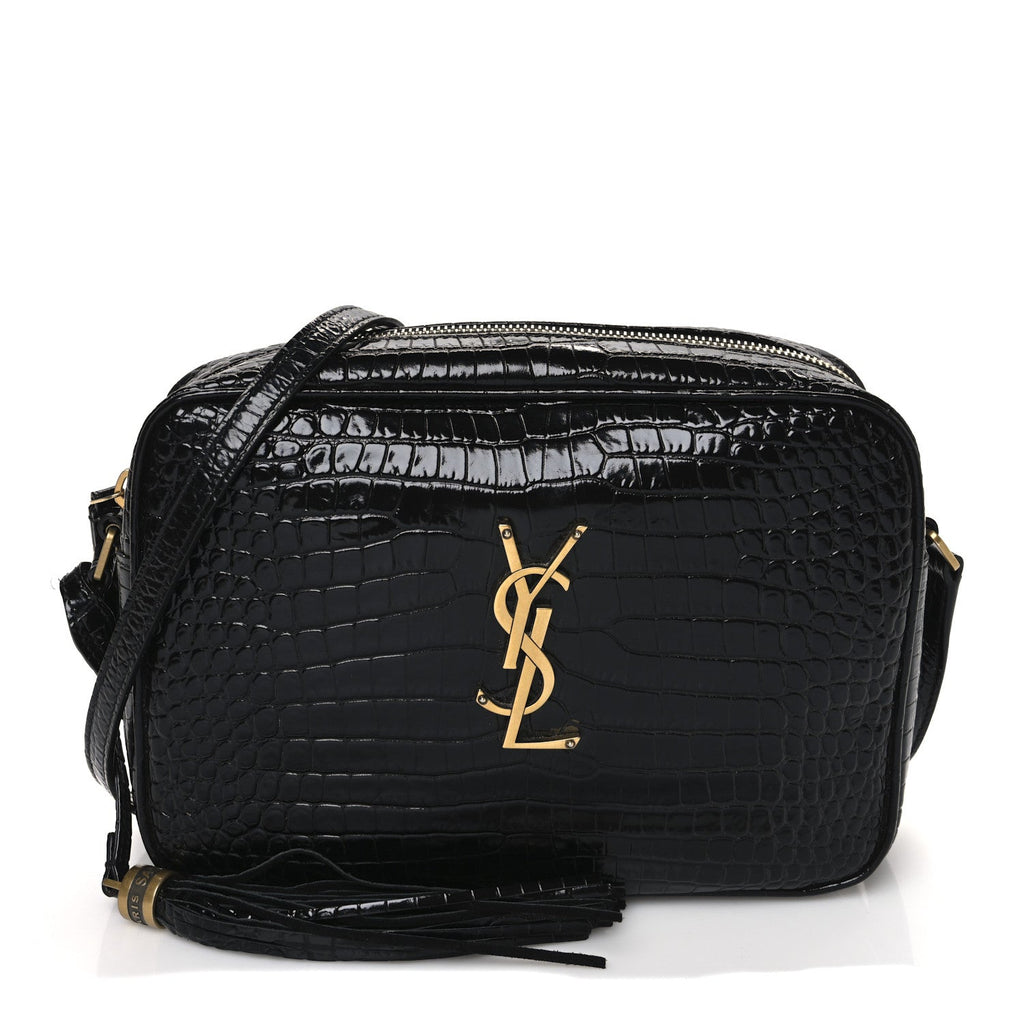 Patent Calfskin Crocodile Embossed Monogram Lou Camera Bag Black