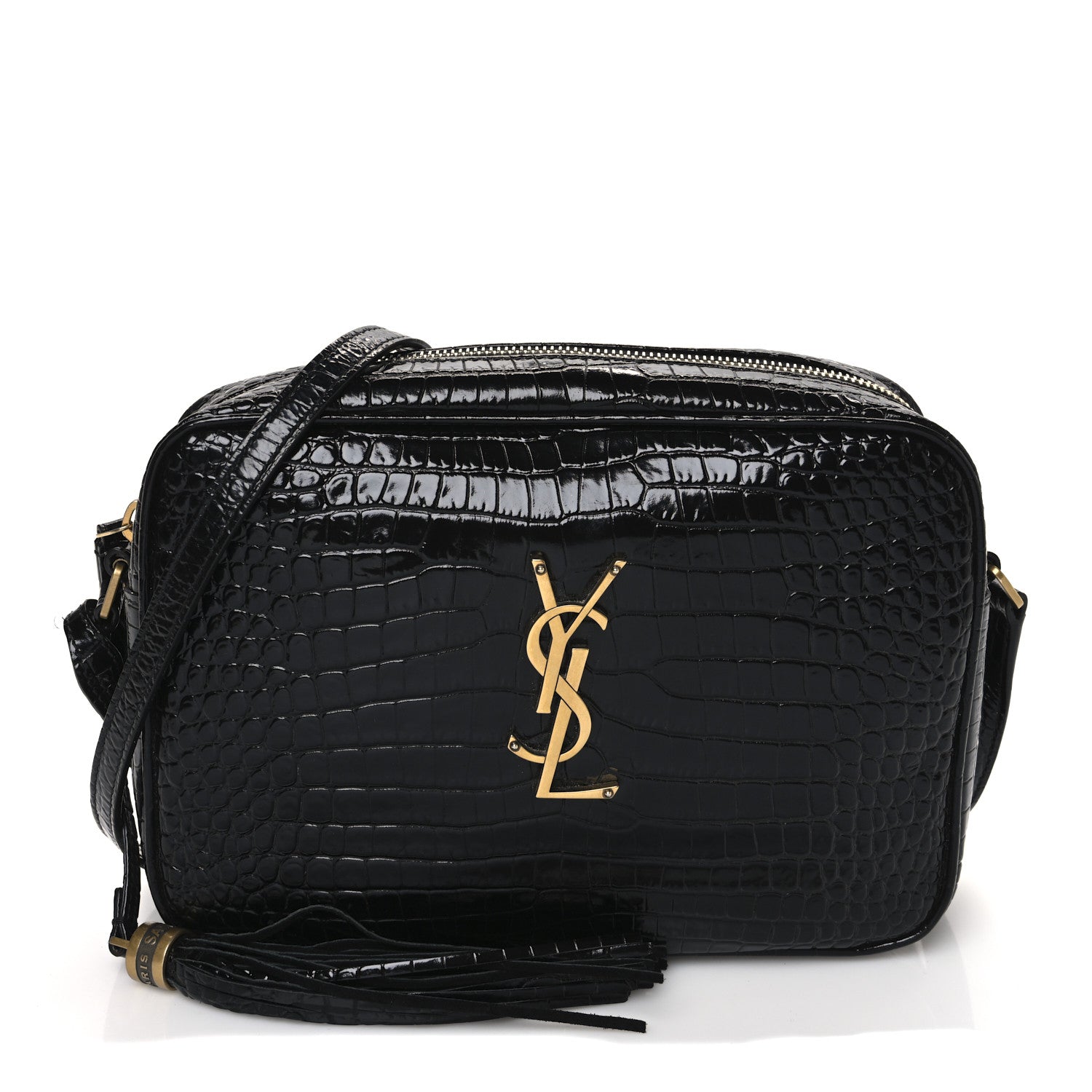 Patent Calfskin Crocodile Embossed Monogram Lou Camera Bag Black