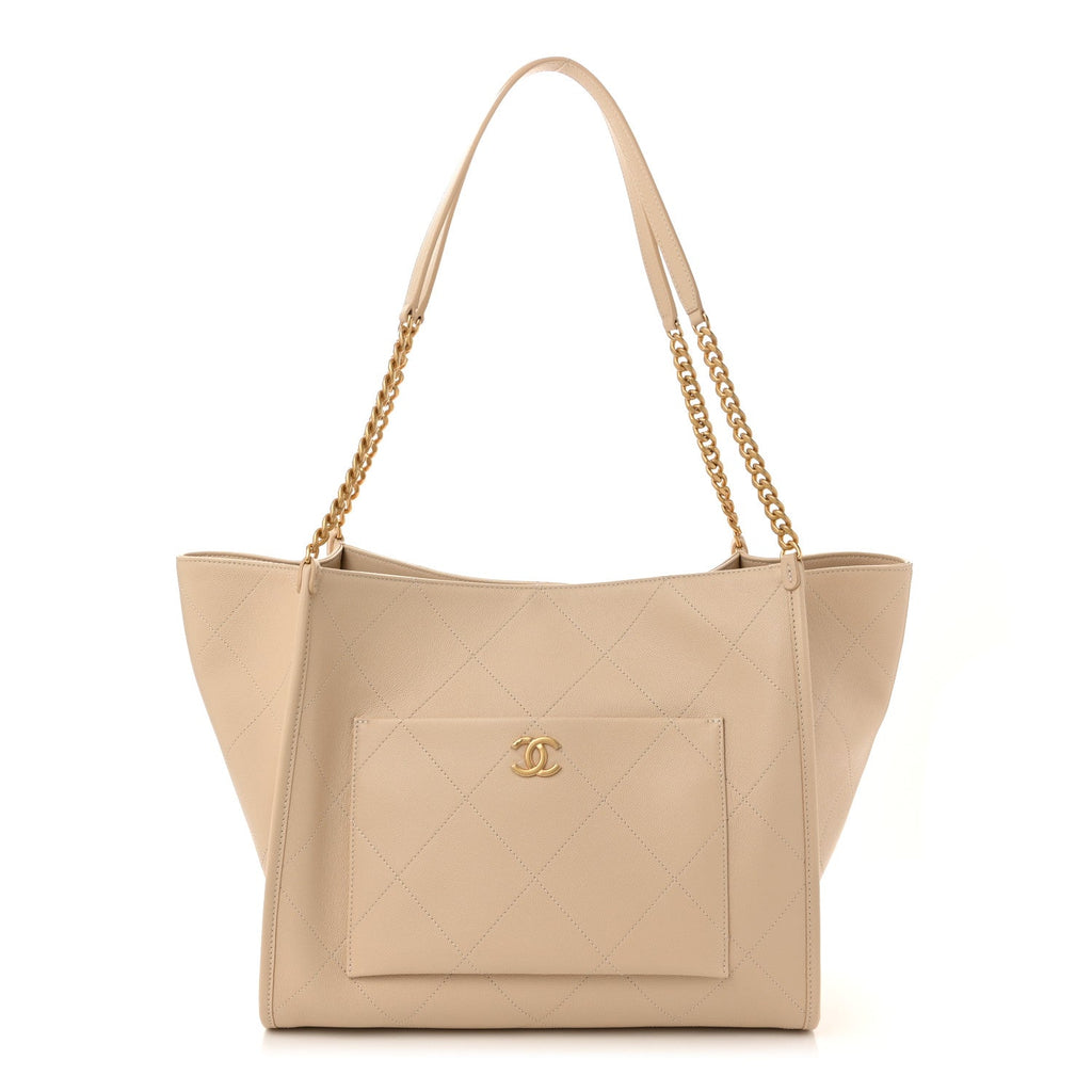Caviar Stitched Pocket CC Large Tote Light Beige