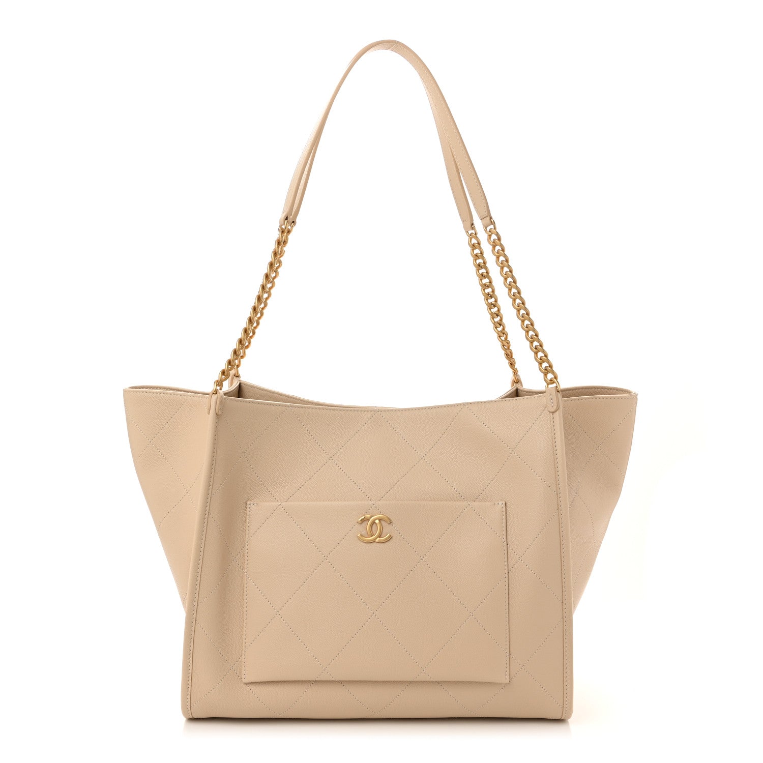 Caviar Stitched Pocket CC Large Tote Light Beige