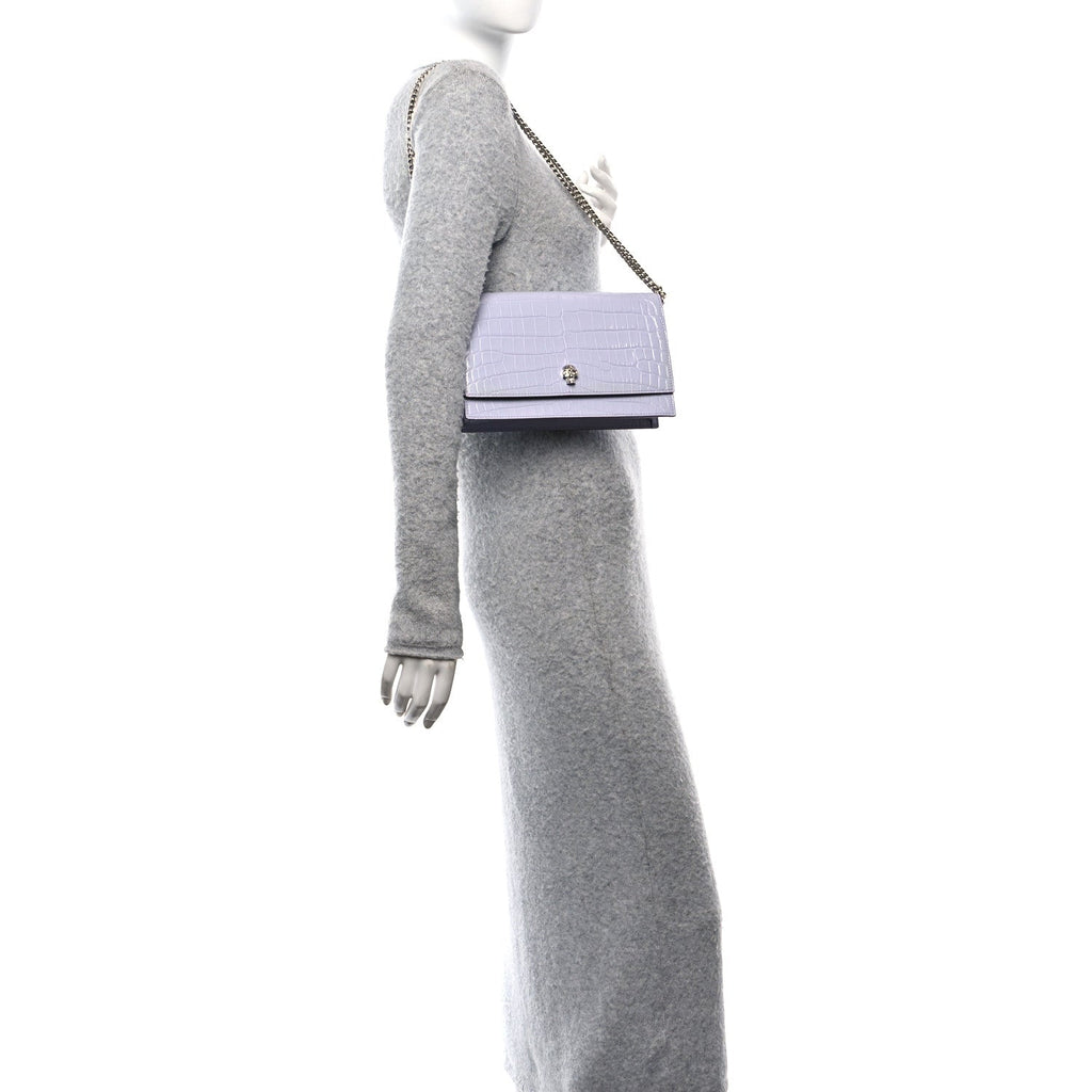 Calfskin Crocodile Embossed Skull Medium Shoulder Bag Lavender