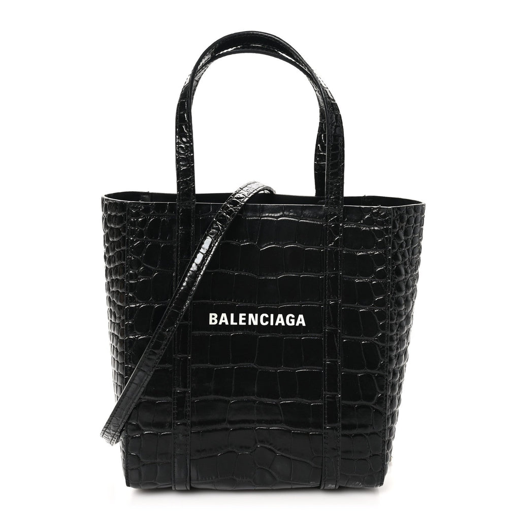 Shiny Calfskin Logo Crocodile Embossed XXS Everyday Tote Black