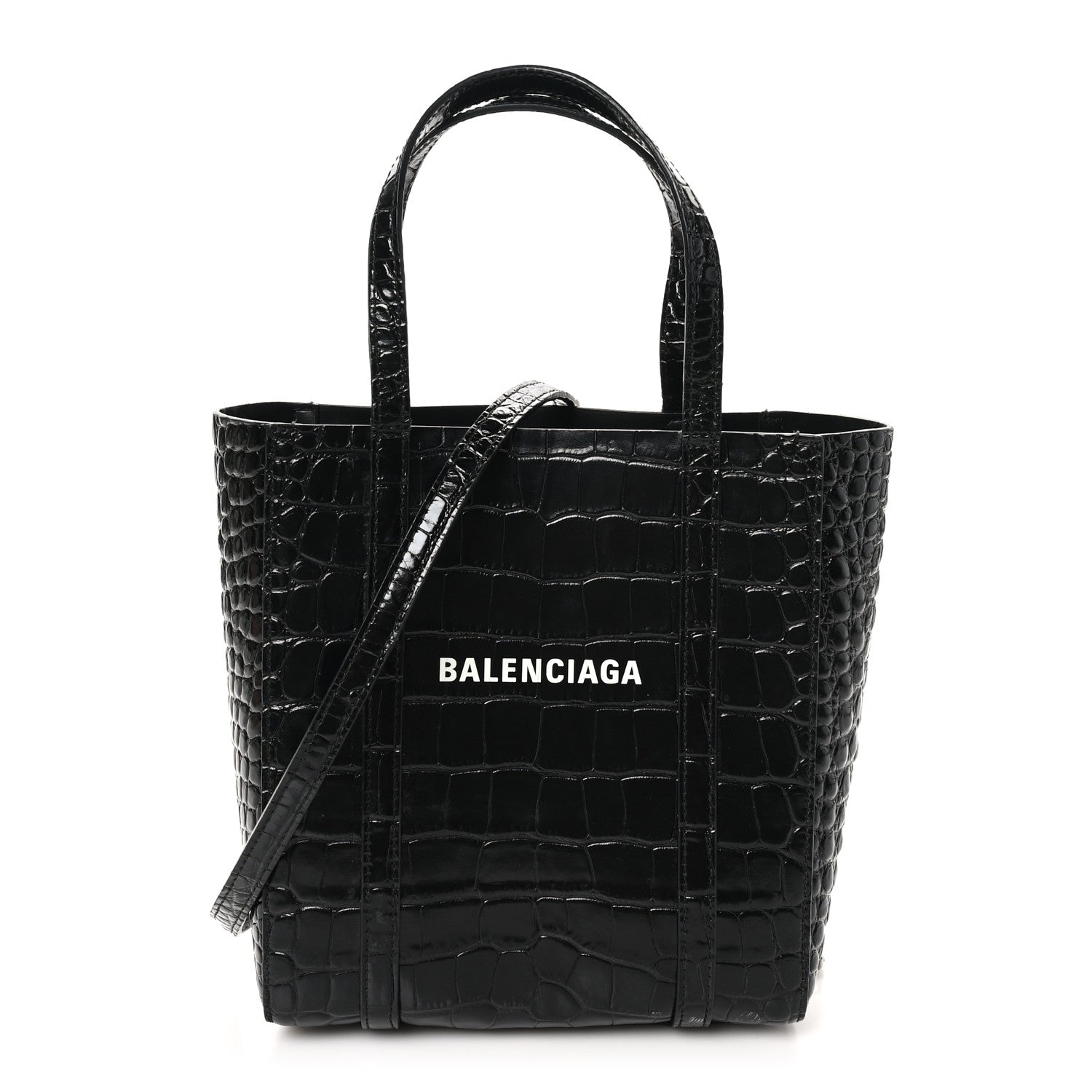 Shiny Calfskin Logo Crocodile Embossed XXS Everyday Tote Black
