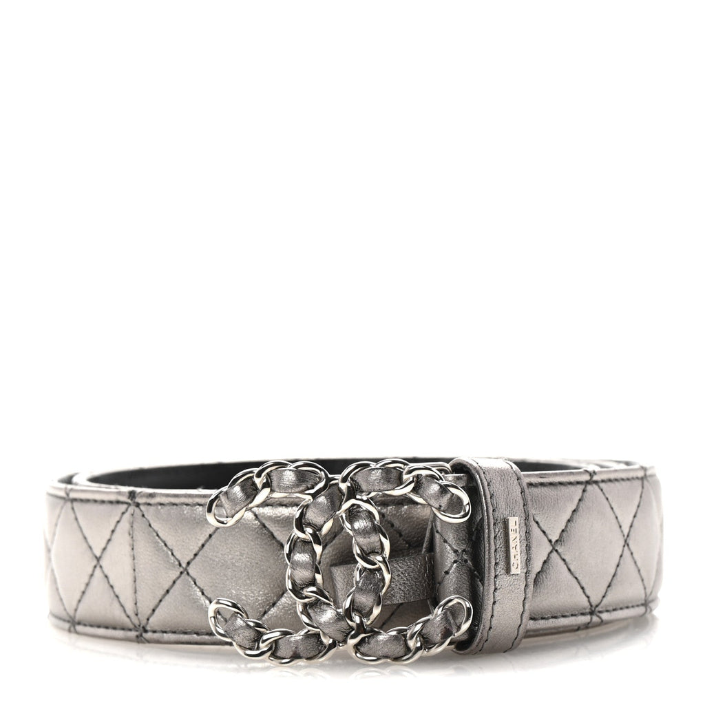 Metallic Calfskin Quilted CC Chain Belt 95 38 Silver