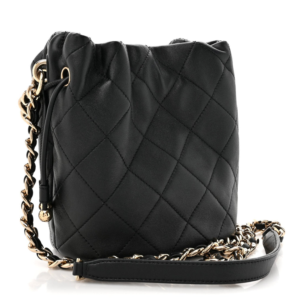 Lambskin Quilted Resin Bi-Color Chain Bucket Bag Black
