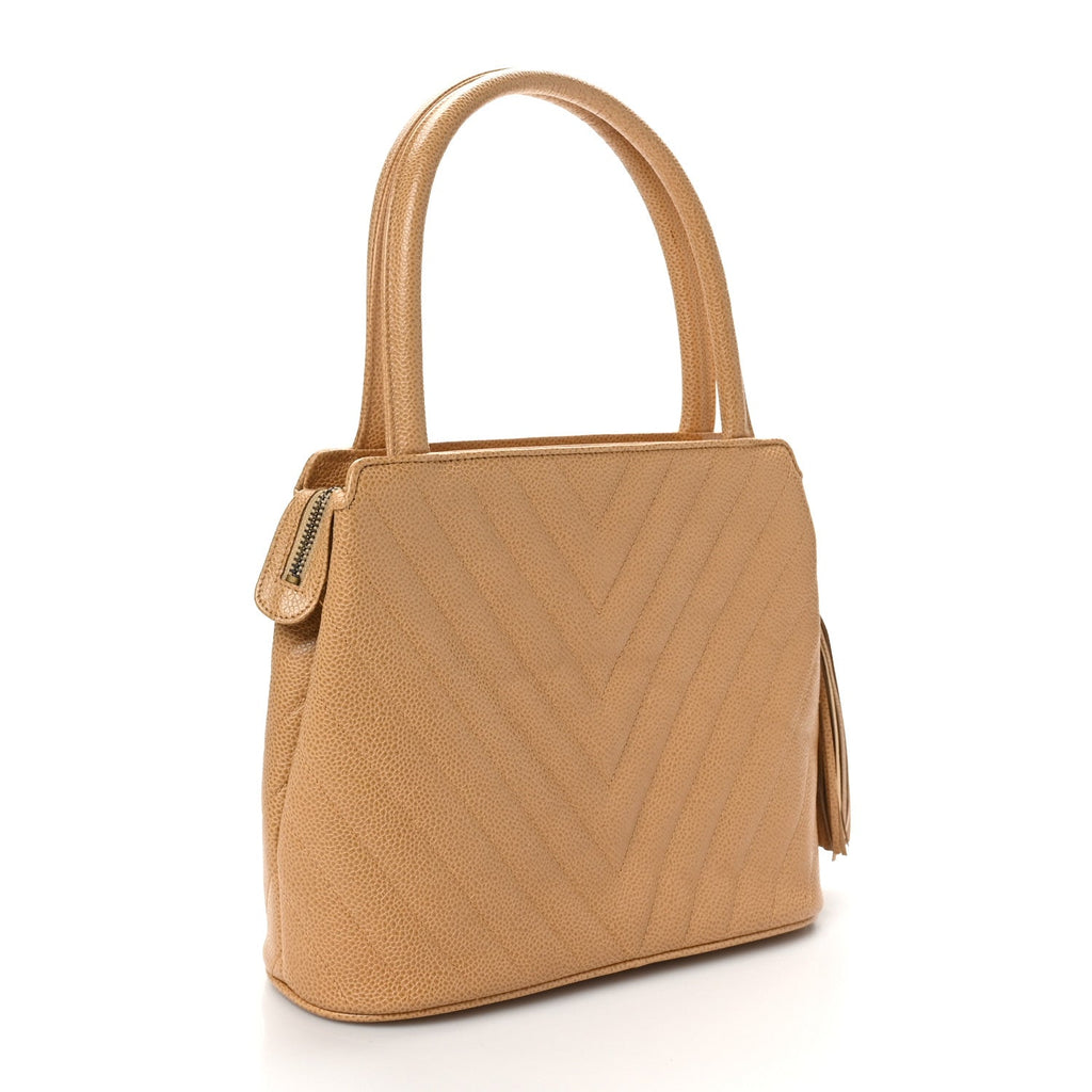 Caviar Chevron Tassel Tote Beige