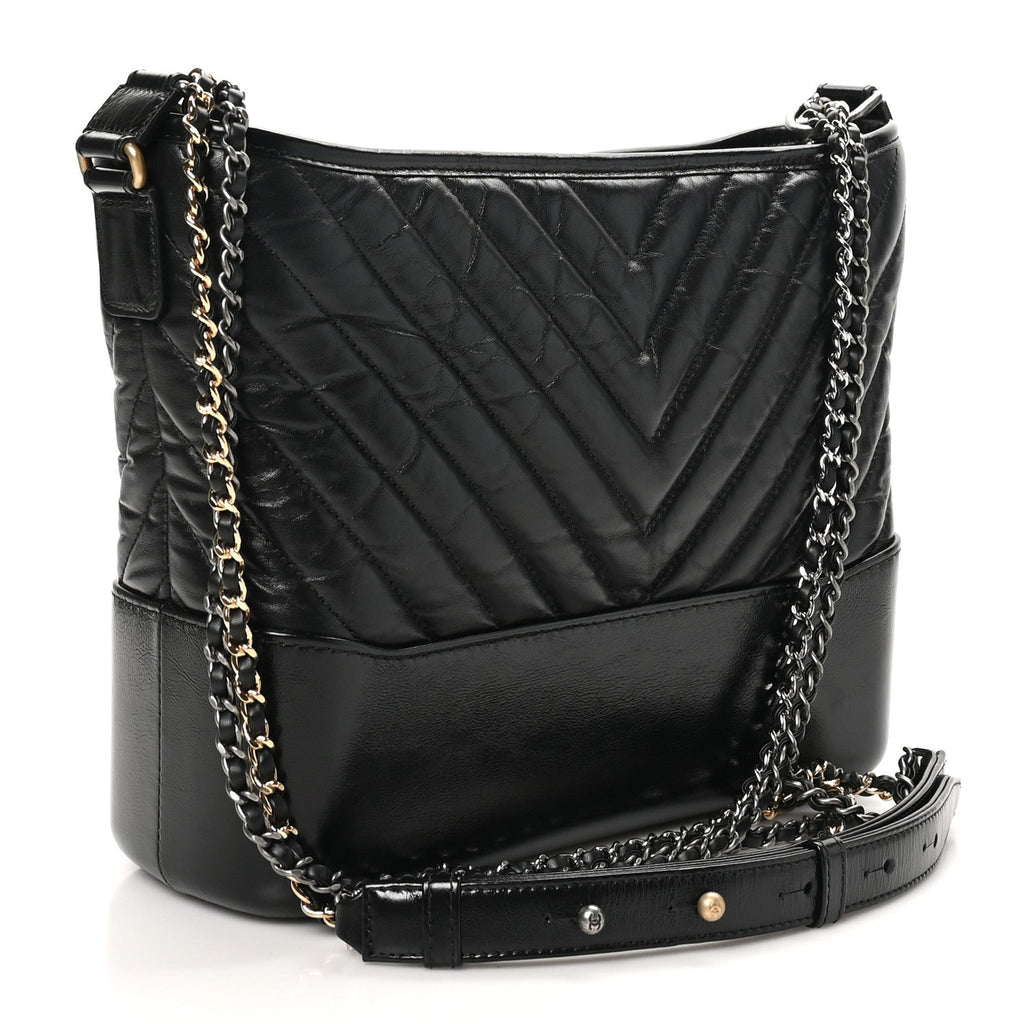 Aged Calfskin Chevron Quilted Medium Gabrielle Hobo Black