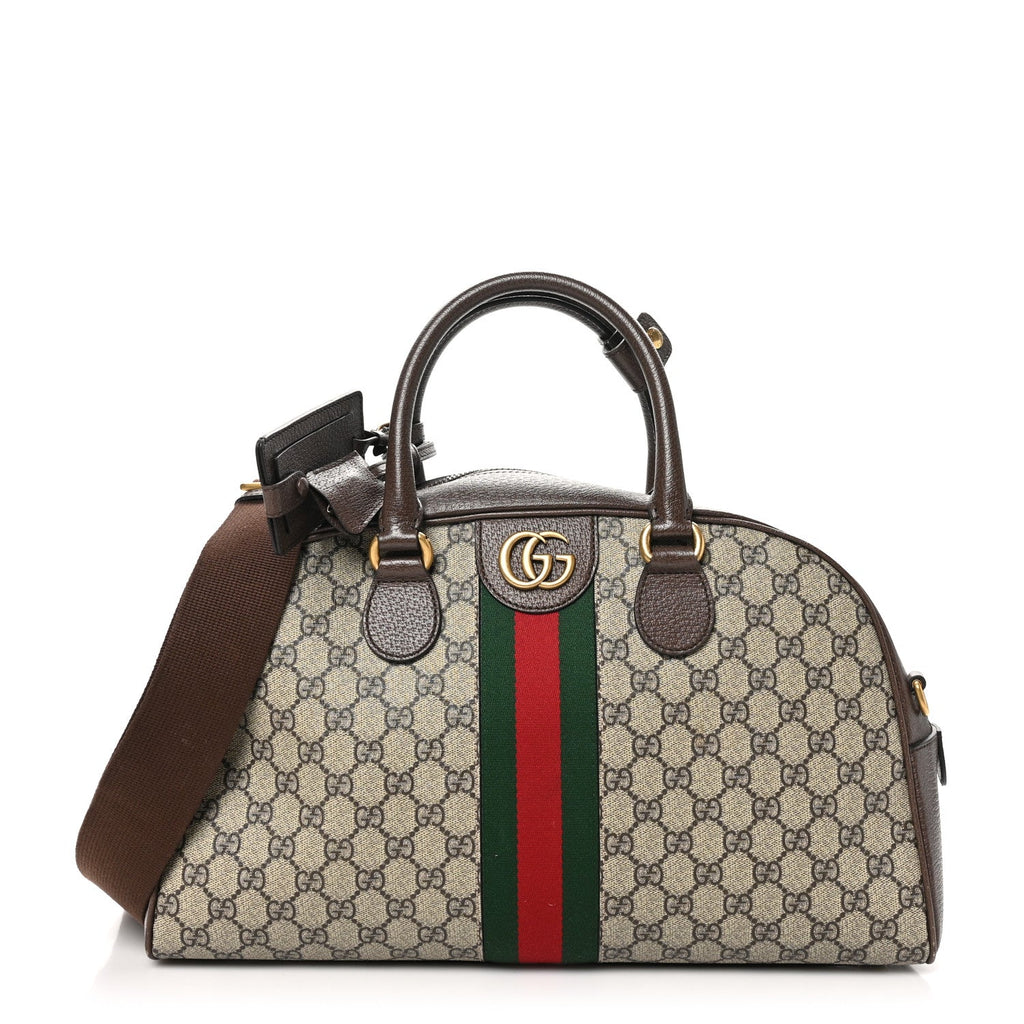 GG Supreme Monogram Textured Dollar Calfskin Web Medium Savoy Bowling Bag Beige Ebony New Acero