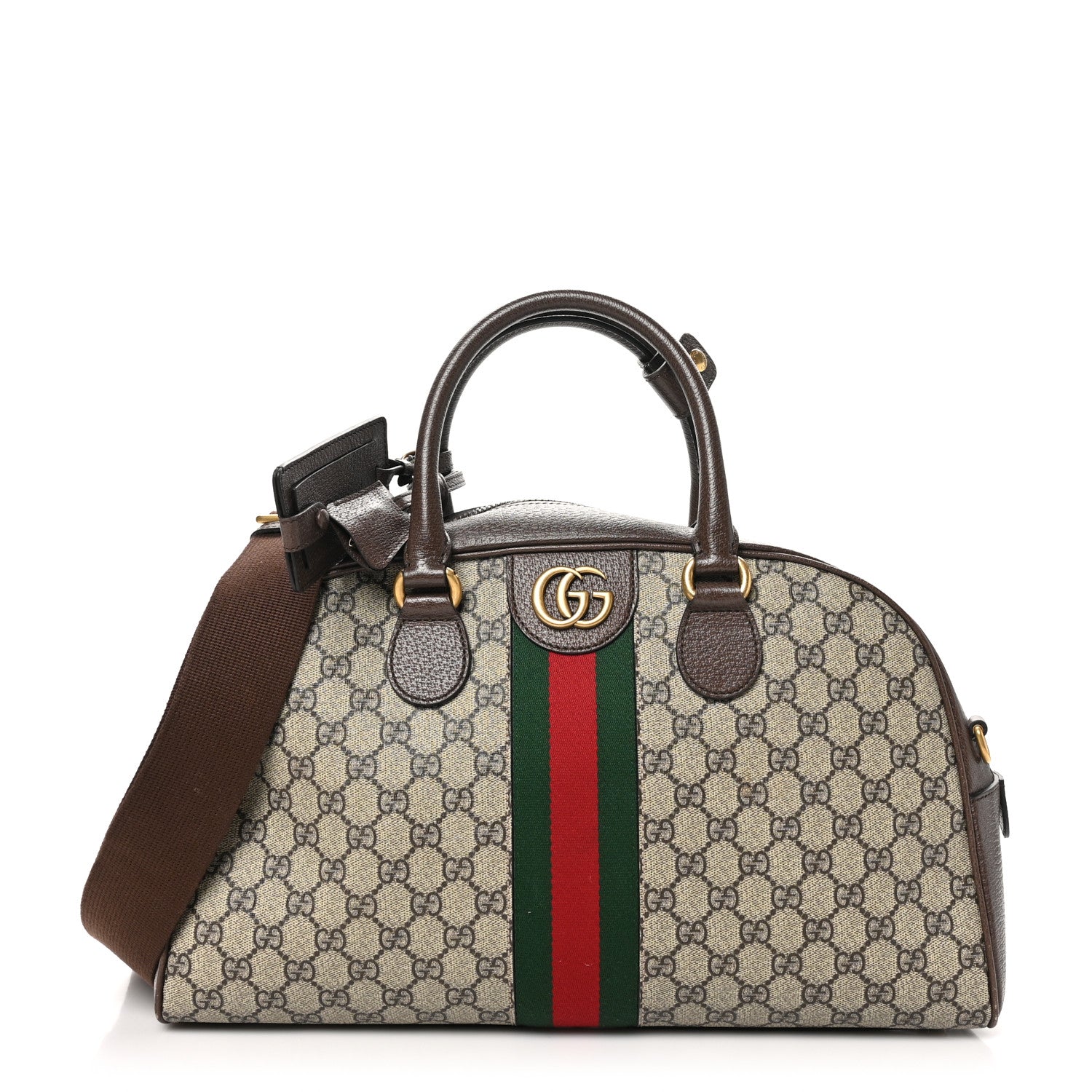 GG Supreme Monogram Textured Dollar Calfskin Web Medium Savoy Bowling Bag Beige Ebony New Acero