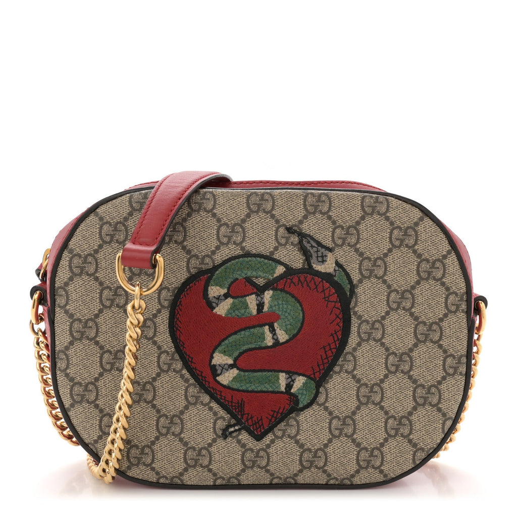 GG Supreme Monogram Kingsnake Heart Embroidered Mini Chain Shoulder Bag Beige Hibiscus Red