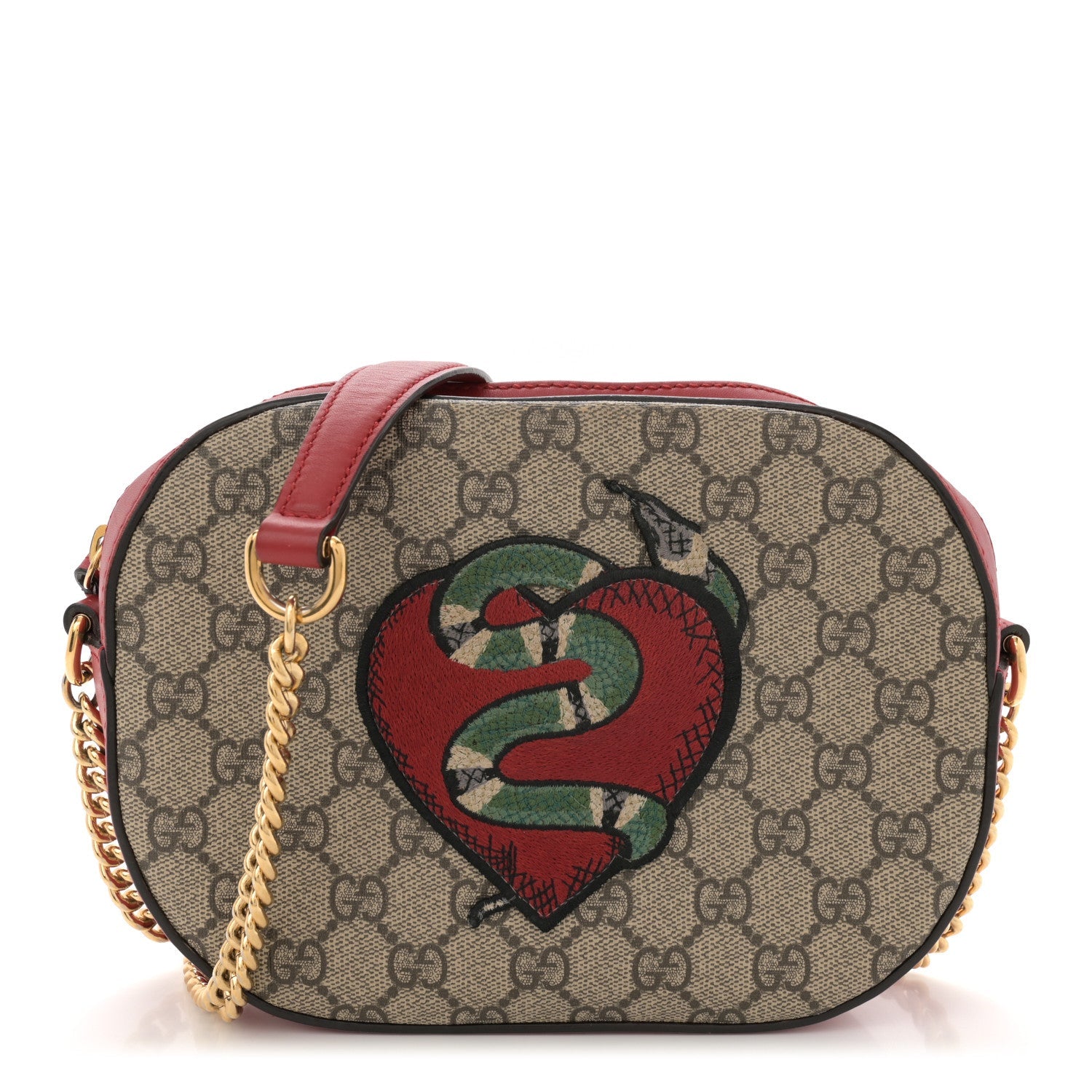 GG Supreme Monogram Kingsnake Heart Embroidered Mini Chain Shoulder Bag Beige Hibiscus Red